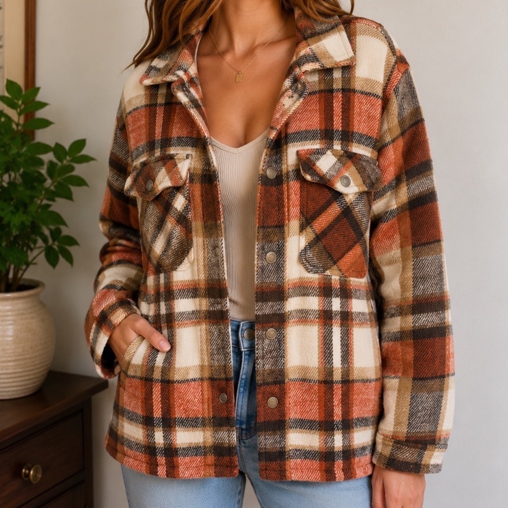 Women's Plaid Shacket Jacket M Oversized Snap Front Cozy Fall Cabincore Coat‎